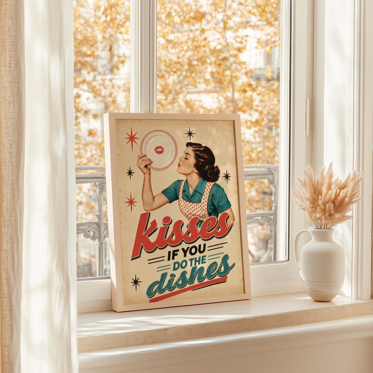Kisses If You Do Dishes Print, Retro Kitchen Wall Art, Funny Diner Decor, Sassy Housewife Rules Poster, Quirky Typography Quote