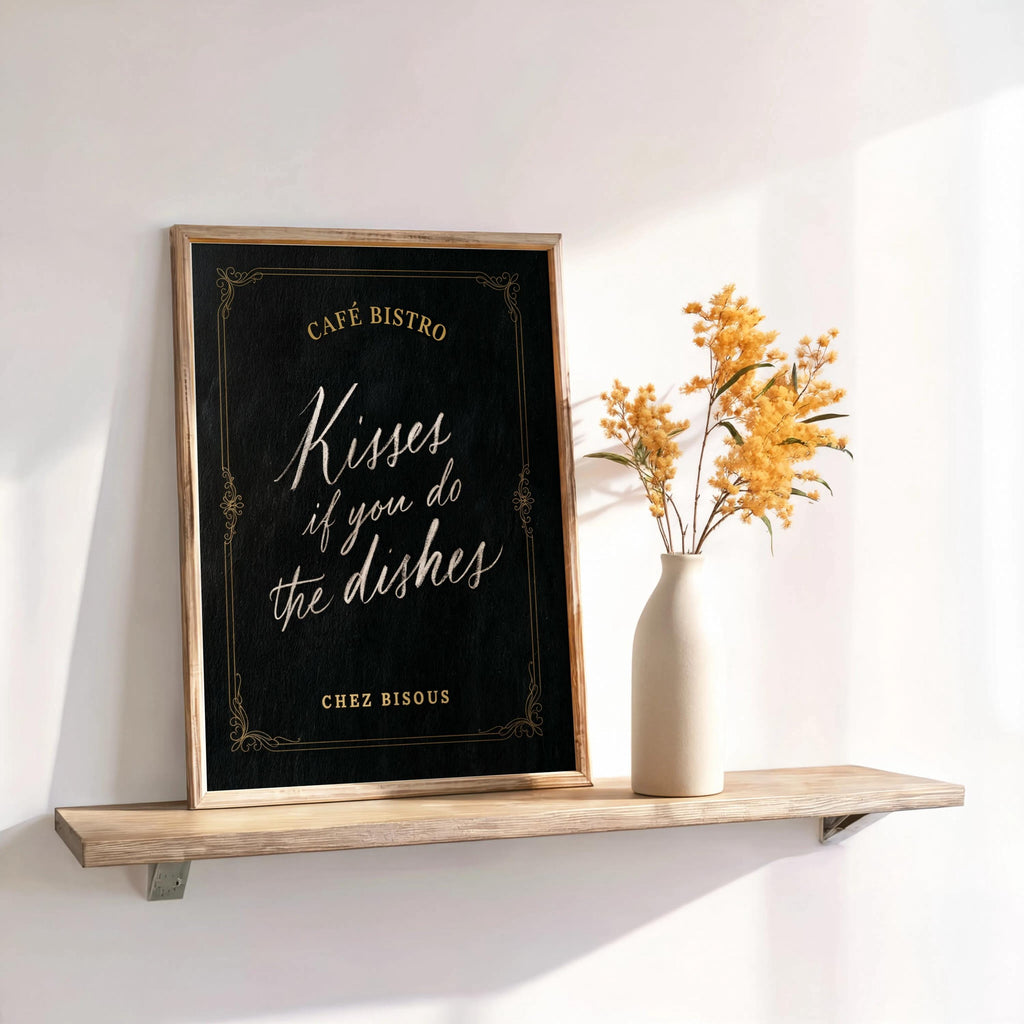 Elegant Kisses If You Do The Dishes Typography, Chic Kitchen Typography Sign, Cafe Bistro Decor, Funny Minimalist Farmhouse Quote Poster