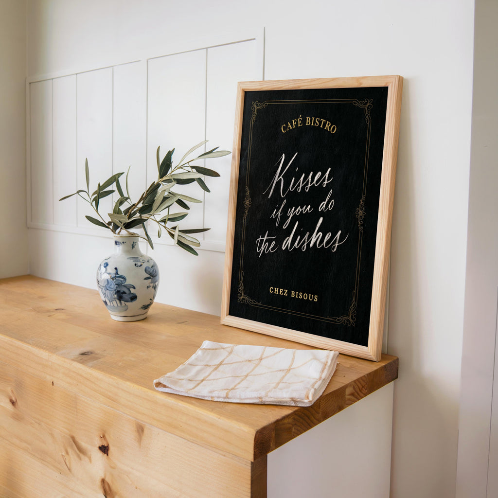 Elegant Kisses If You Do The Dishes Typography, Chic Kitchen Typography Sign, Cafe Bistro Decor, Funny Minimalist Farmhouse Quote Poster