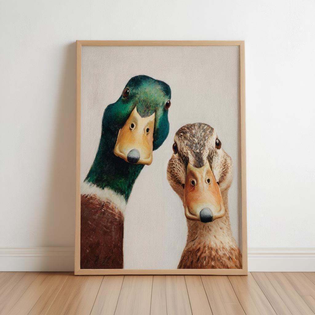 Funny Duck Art Print, Mallard Pair Portrait, Whimsical Mid Century Retro Painting, Animal Wall Art, Quirky Kitchen Decor, Rustic Bird Poster