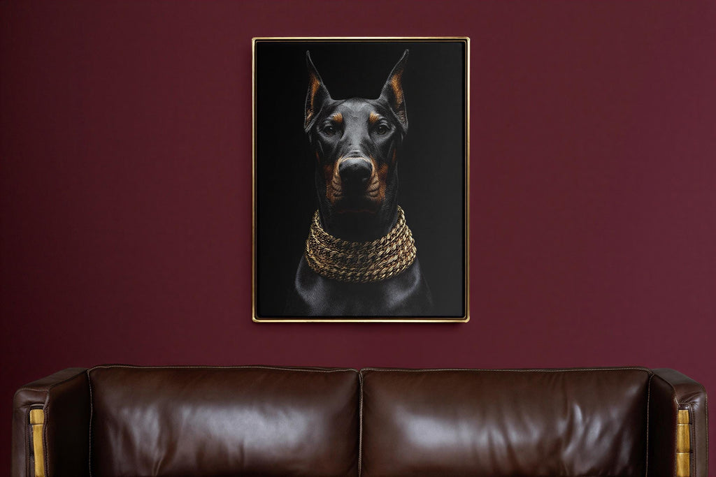 Doberman Gold Chain Wall Art, Luxury Dog Portrait Print, Glam Animal Poster, Modern Office Statement Decor, Doberman Lover Gift