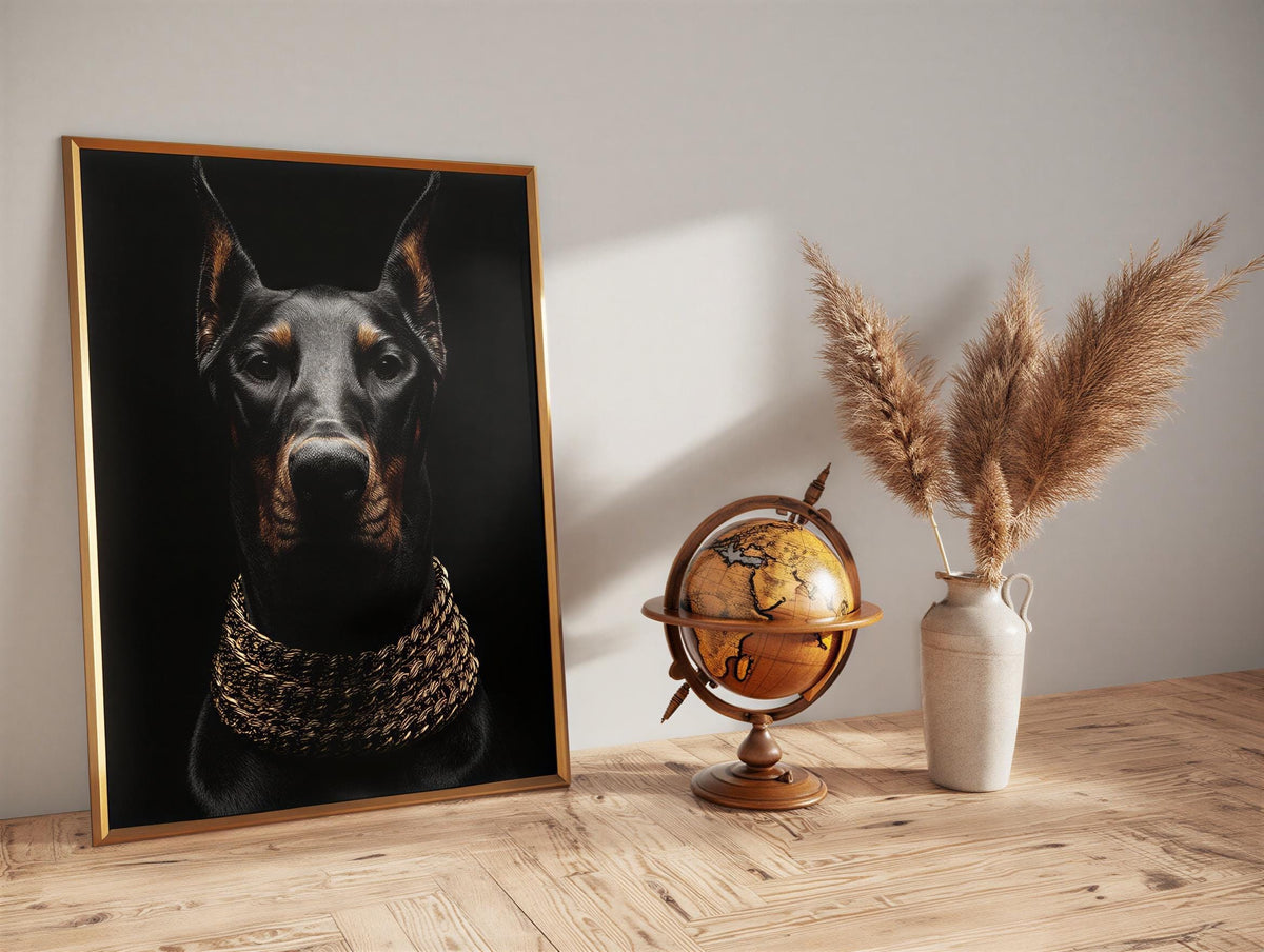 Doberman Gold Chain Wall Art, Luxury Dog Portrait Print, Glam Animal Poster, Modern Office Statement Decor, Doberman Lover Gift