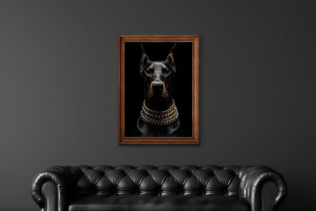 Doberman Gold Chain Wall Art, Luxury Dog Portrait Print, Glam Animal Poster, Modern Office Statement Decor, Doberman Lover Gift