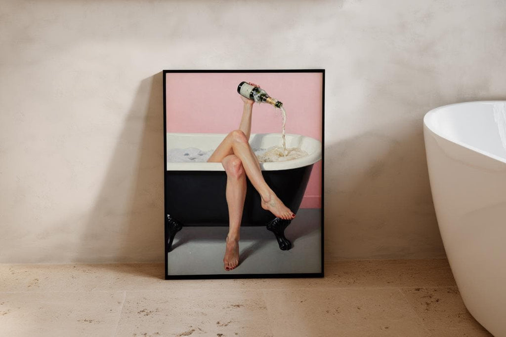 Champagne Bath Art Print: Feminine Pastel Pink Self Care Decor, Funny Bathroom Poster