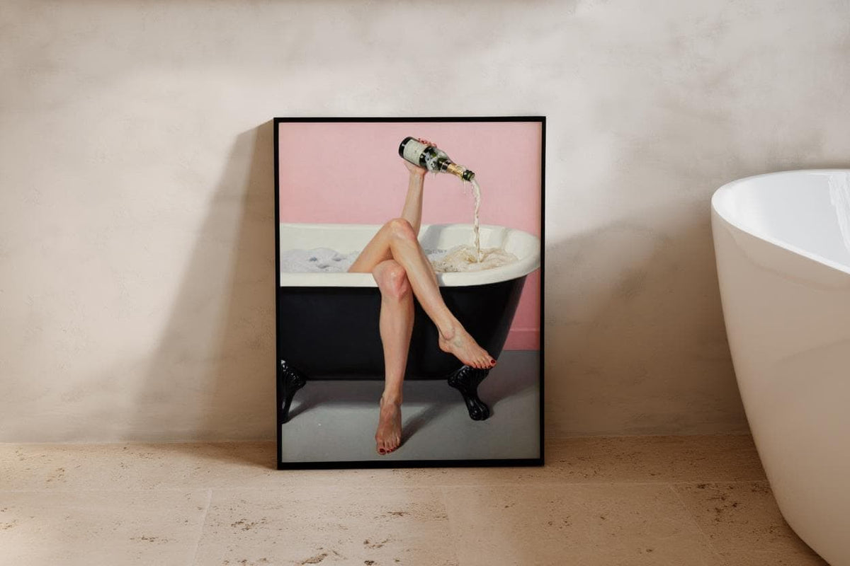 Champagne Bath Art Print: Feminine Pastel Pink Self Care Decor, Funny Bathroom Poster