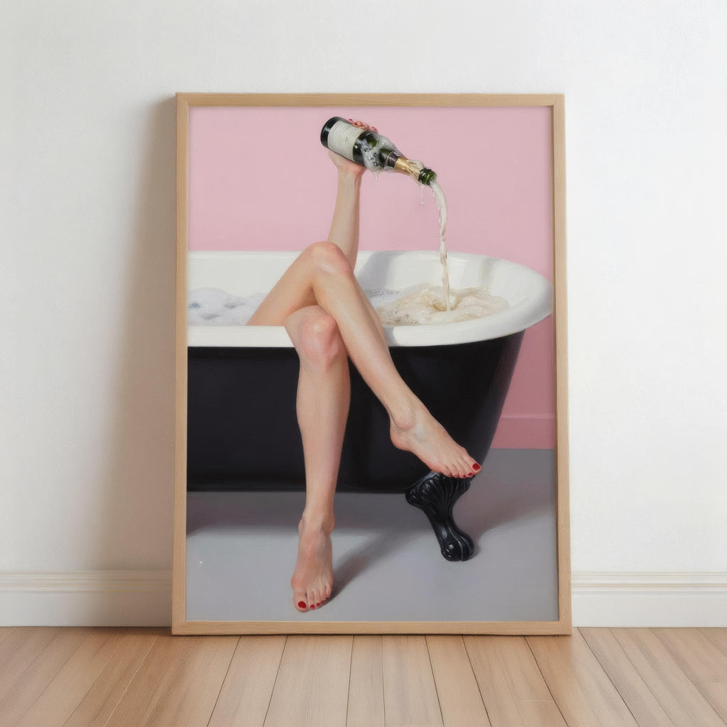 Champagne Bath Art Print: Feminine Pastel Pink Self Care Decor, Funny Bathroom Poster