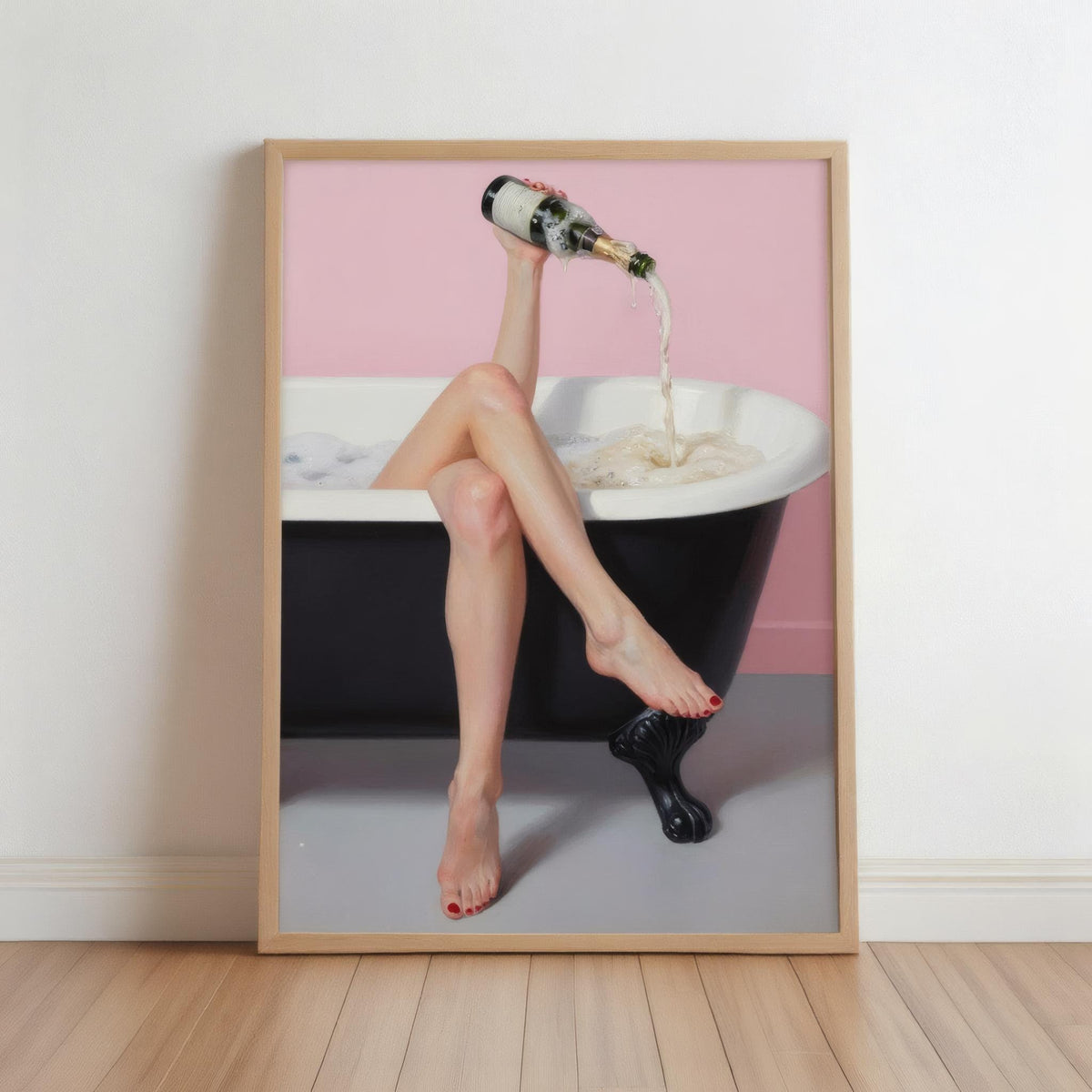 Champagne Bath Art Print: Feminine Pastel Pink Self Care Decor, Funny Bathroom Poster