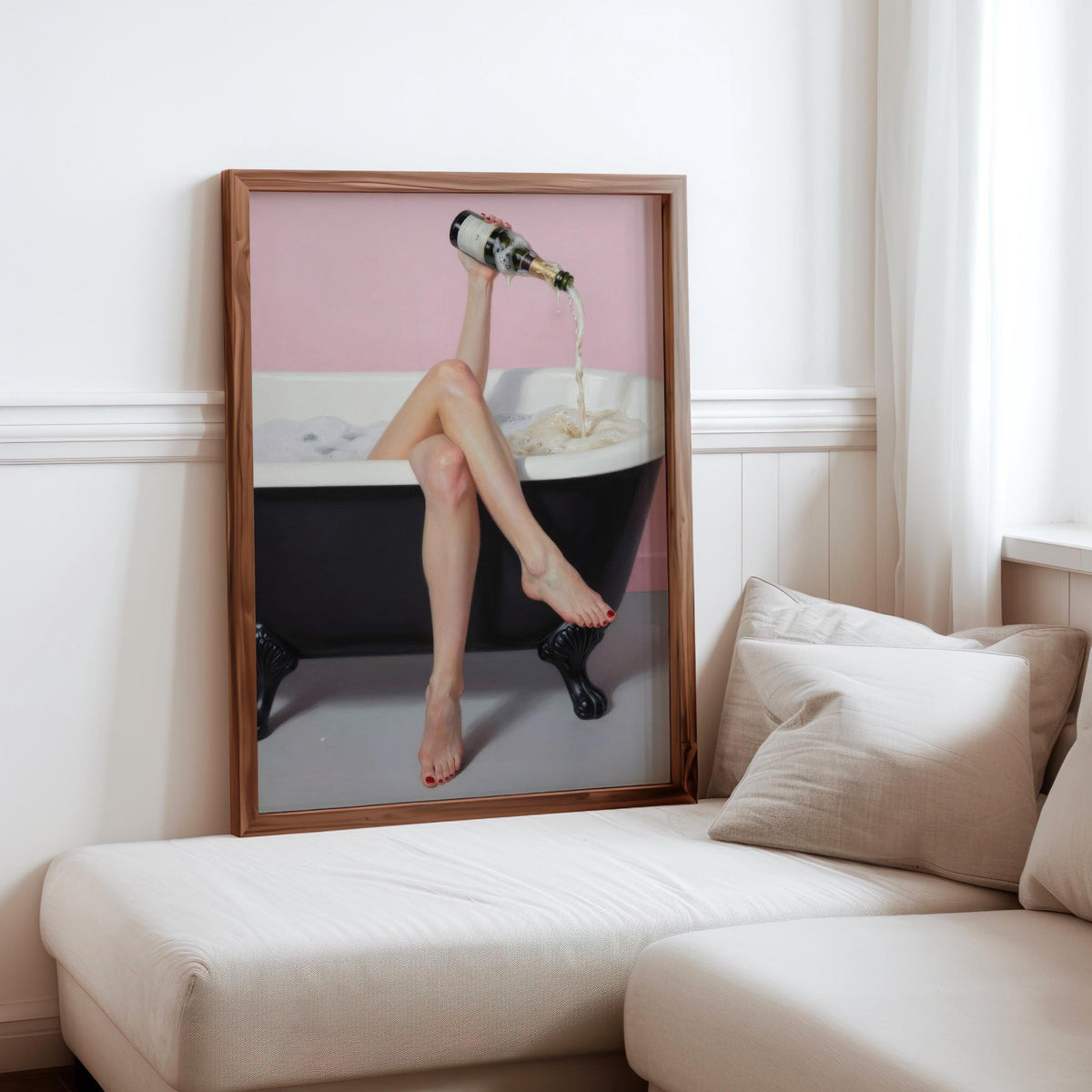 Champagne Bath Art Print: Feminine Pastel Pink Self Care Decor, Funny Bathroom Poster