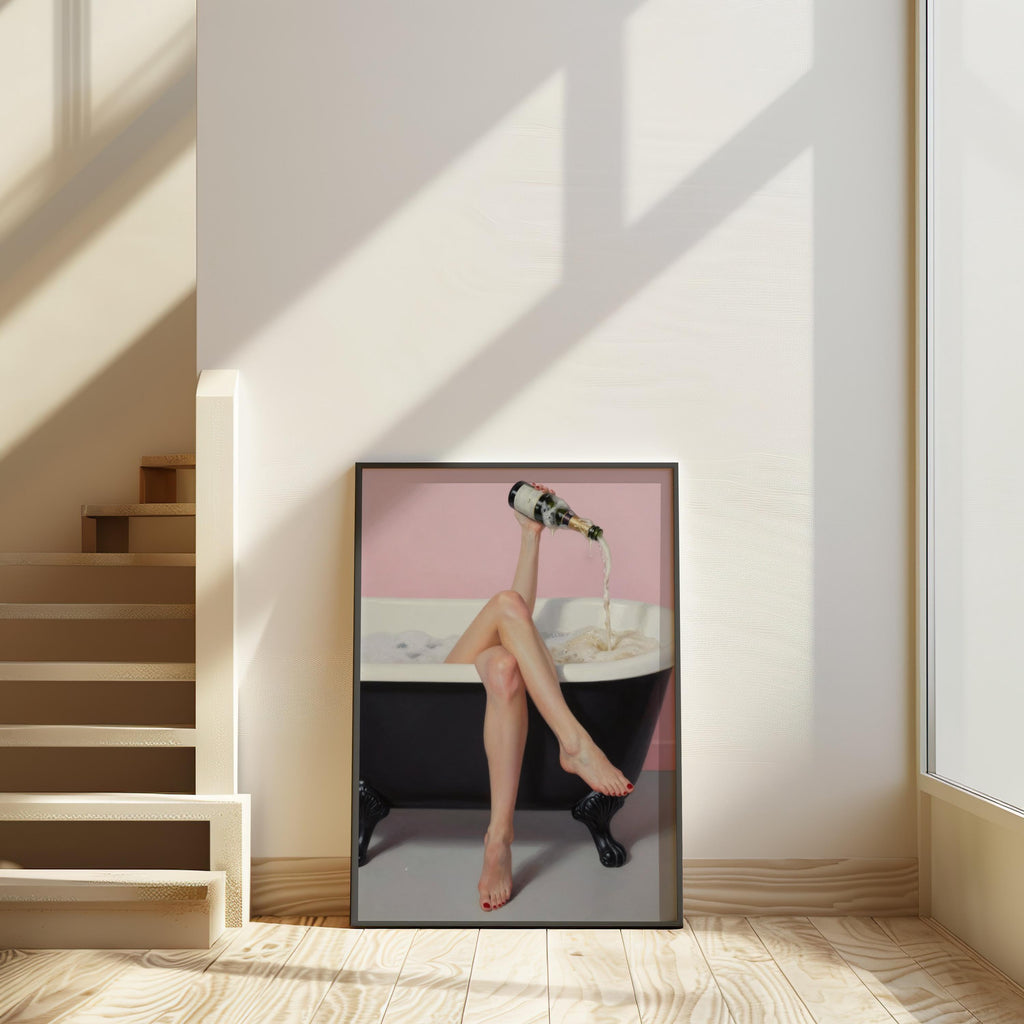 Champagne Bath Art Print: Feminine Pastel Pink Self Care Decor, Funny Bathroom Poster