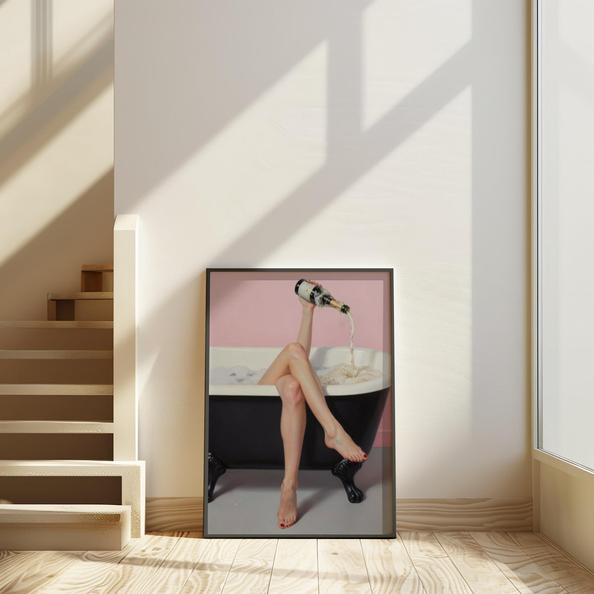 Champagne Bath Art Print: Feminine Pastel Pink Self Care Decor, Funny Bathroom Poster