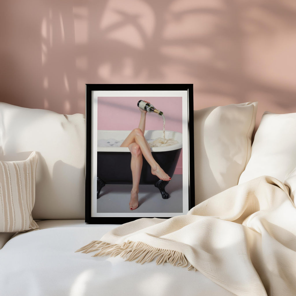 Champagne Bath Art Print: Feminine Pastel Pink Self Care Decor, Funny Bathroom Poster