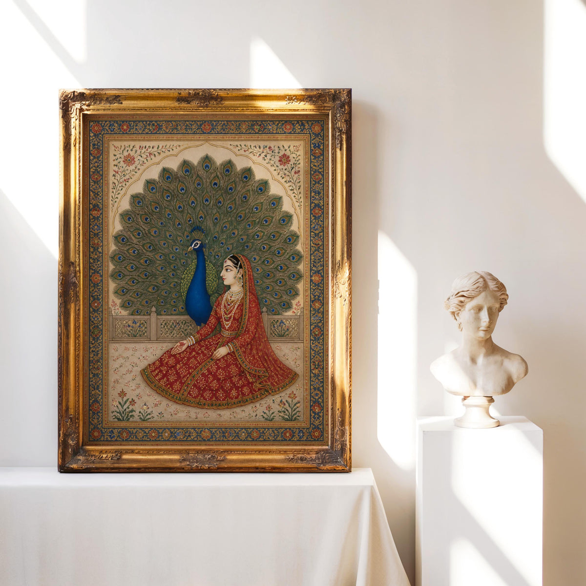 Vintage Mughal Miniature Print, Floral Indian Princess Painting, Peacock Bird Ethnic Folk Art, South Asian Botanical Decor, Exotic Poster