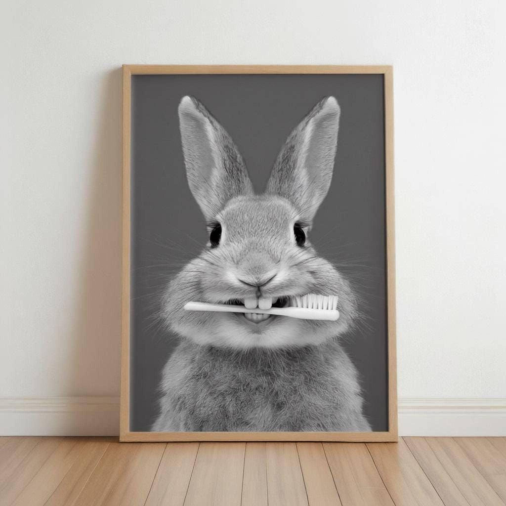 Funny Bunny Toothbrush Wall Art, Brush Your Teeth Kids Bathroom Print, Dental Hygienist Office decor, Quirky Rabbit Portrait, Dentist Poster