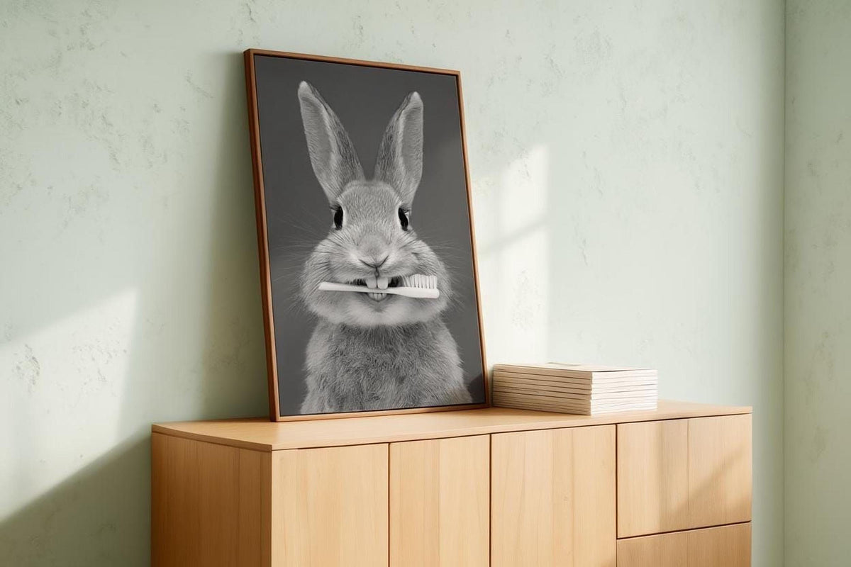 Funny Bunny Toothbrush Wall Art, Brush Your Teeth Kids Bathroom Print, Dental Hygienist Office decor, Quirky Rabbit Portrait, Dentist Poster