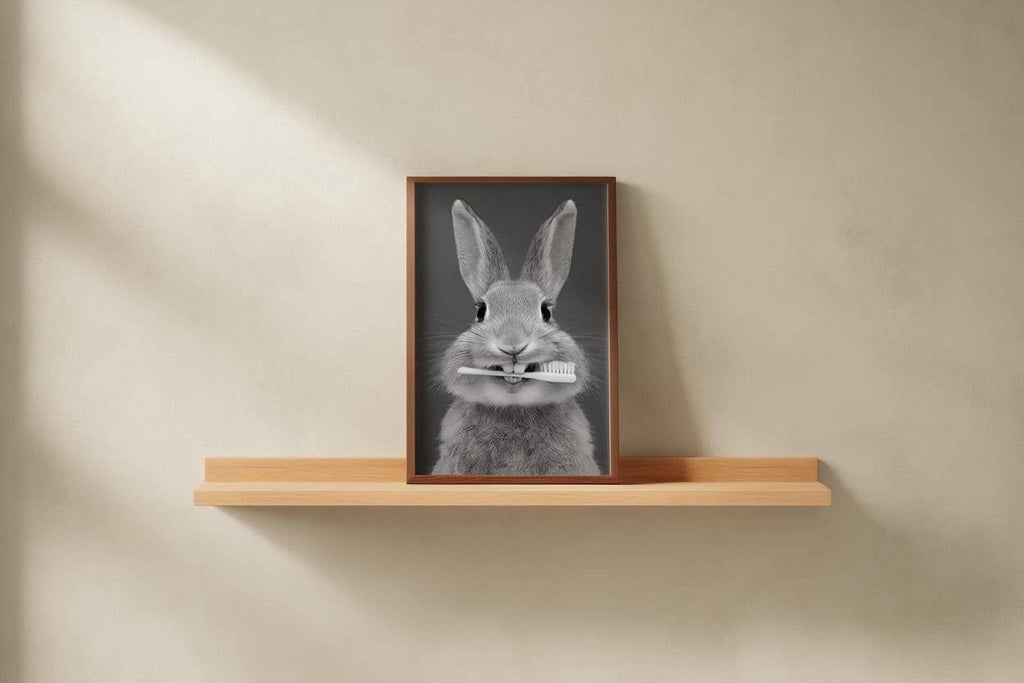 Funny Bunny Toothbrush Wall Art, Brush Your Teeth Kids Bathroom Print, Dental Hygienist Office decor, Quirky Rabbit Portrait, Dentist Poster
