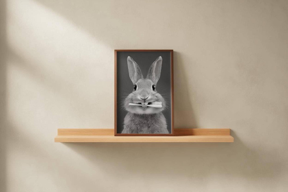 Funny Bunny Toothbrush Wall Art, Brush Your Teeth Kids Bathroom Print, Dental Hygienist Office decor, Quirky Rabbit Portrait, Dentist Poster