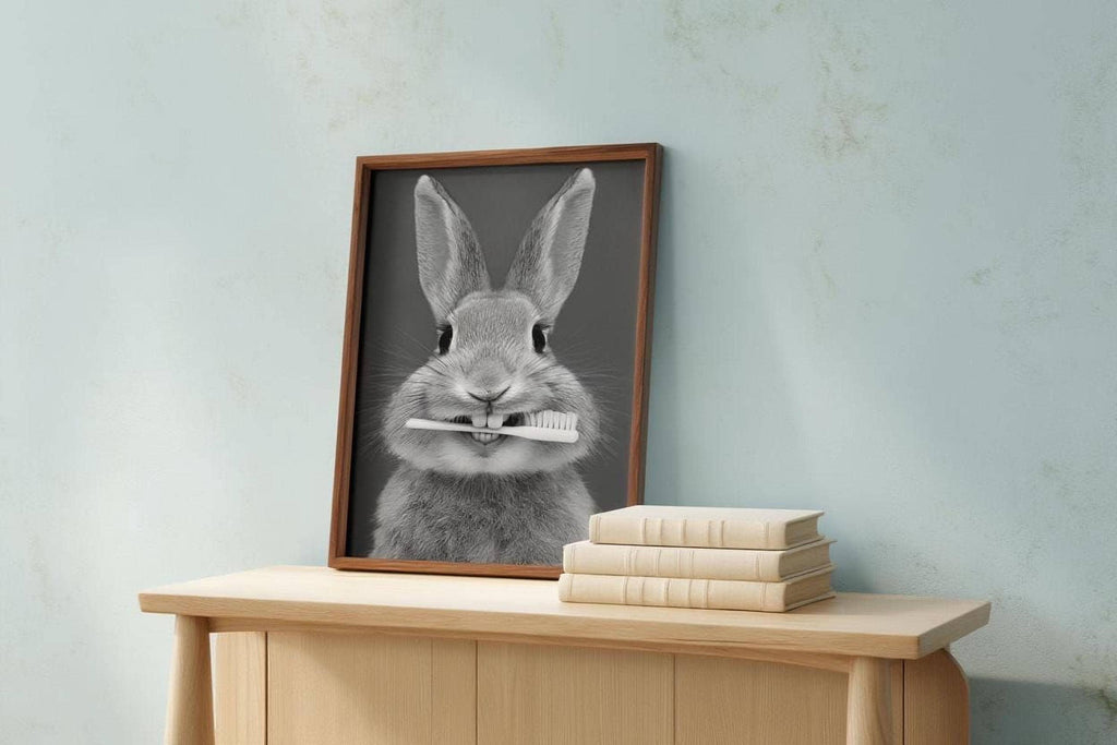 Funny Bunny Toothbrush Wall Art, Brush Your Teeth Kids Bathroom Print, Dental Hygienist Office decor, Quirky Rabbit Portrait, Dentist Poster