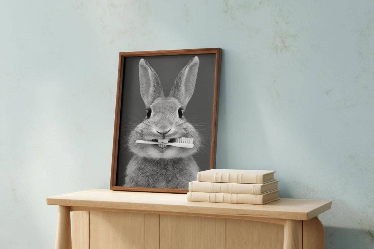 Funny Bunny Toothbrush Wall Art, Brush Your Teeth Kids Bathroom Print, Dental Hygienist Office decor, Quirky Rabbit Portrait, Dentist Poster
