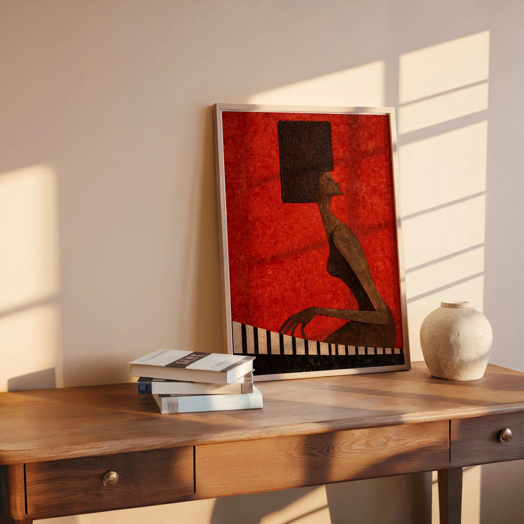 Abstract Jazz Piano Art Print, Black Afro Woman Illustration, Modern Music Wall Decor, Minimalist Pianist Poster, Mid Century Afrocentric