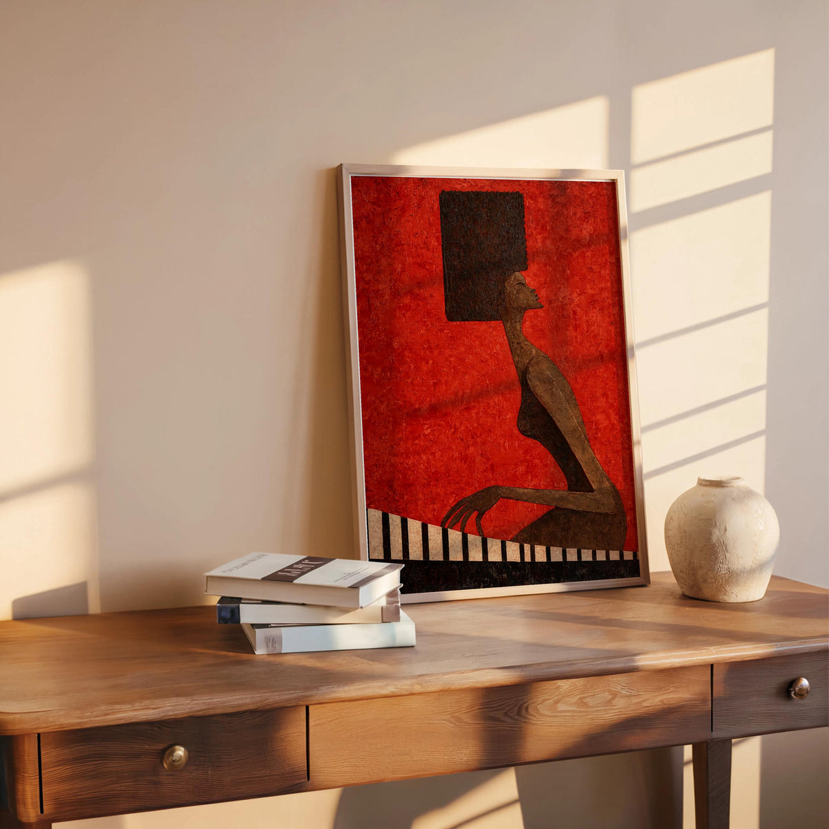 Abstract Jazz Piano Art Print, Black Afro Woman Illustration, Modern Music Wall Decor, Minimalist Pianist Poster, Mid Century Afrocentric