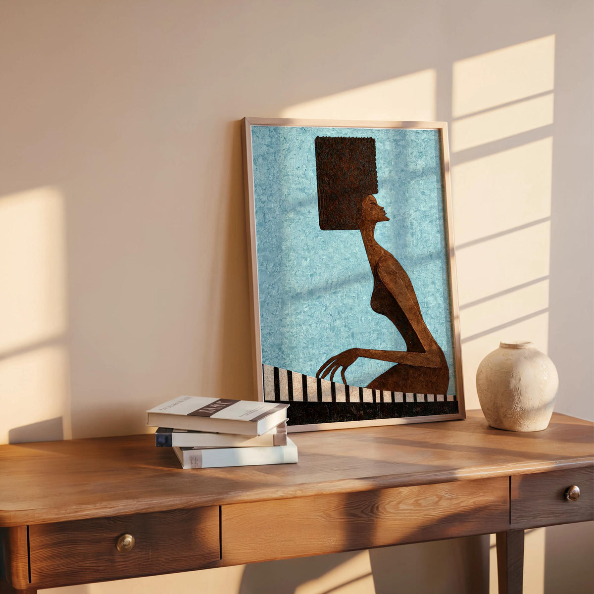 Abstract Jazz Piano Art Print, Black Afro Woman Illustration, Modern Music Wall Decor, Minimalist Pianist Poster, Mid Century Afrocentric