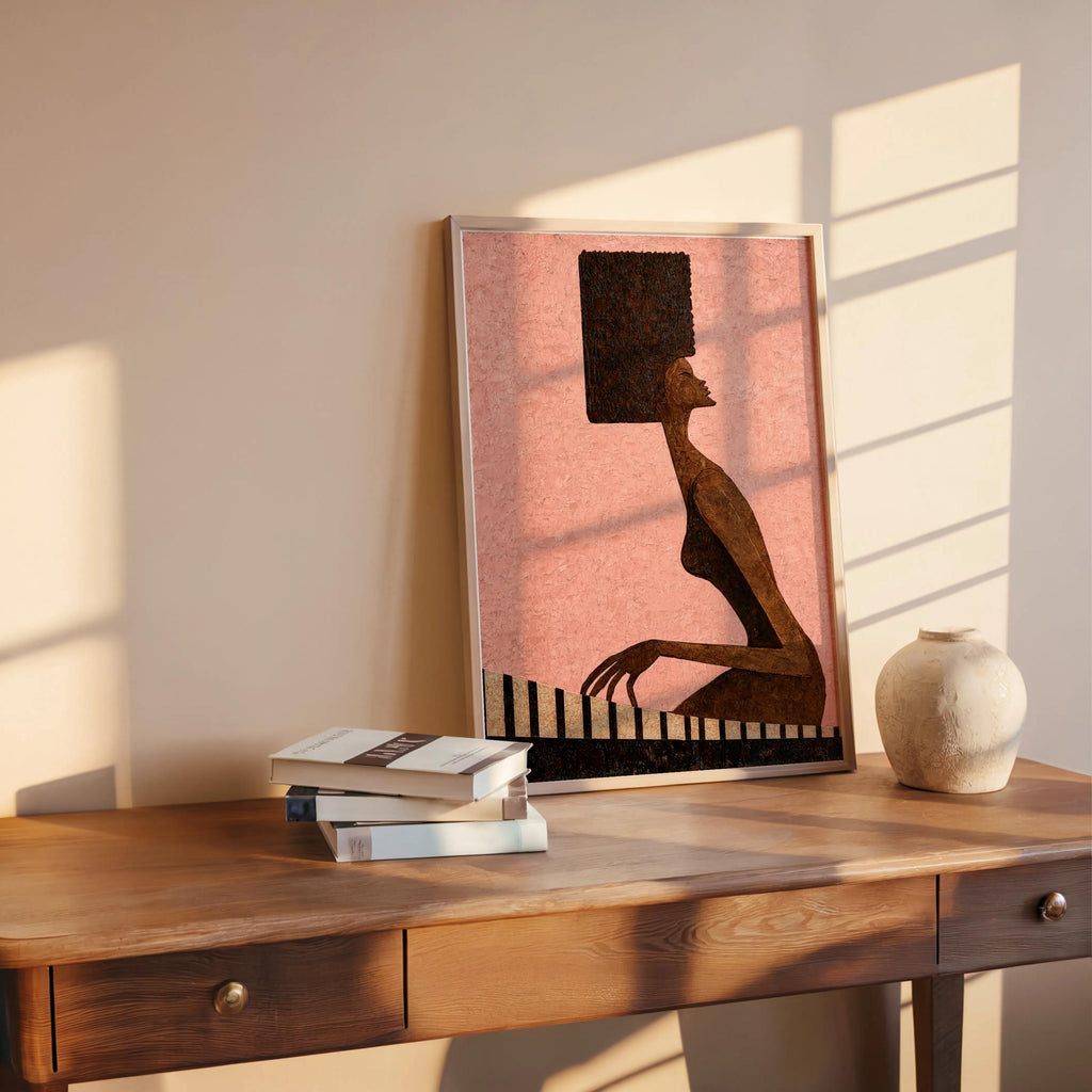 Abstract Jazz Piano Art Print, Black Afro Woman Illustration, Modern Music Wall Decor, Minimalist Pianist Poster, Mid Century Afrocentric