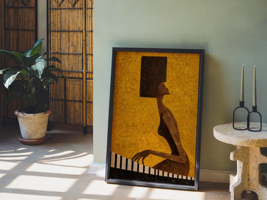 Abstract Jazz Piano Art Print, Black Afro Woman Illustration, Modern Music Wall Decor, Minimalist Pianist Poster, Mid Century Afrocentric