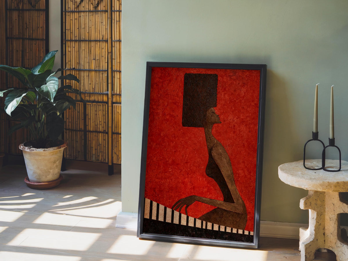 Abstract Jazz Piano Art Print, Black Afro Woman Illustration, Modern Music Wall Decor, Minimalist Pianist Poster, Mid Century Afrocentric