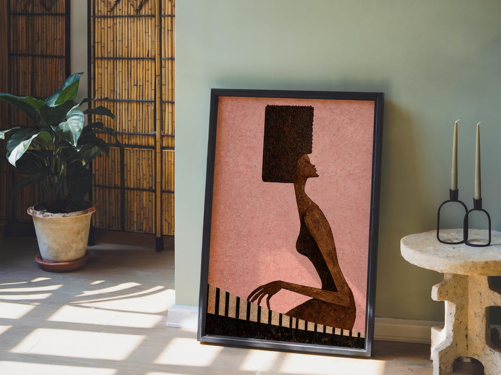 Abstract Jazz Piano Art Print, Black Afro Woman Illustration, Modern Music Wall Decor, Minimalist Pianist Poster, Mid Century Afrocentric