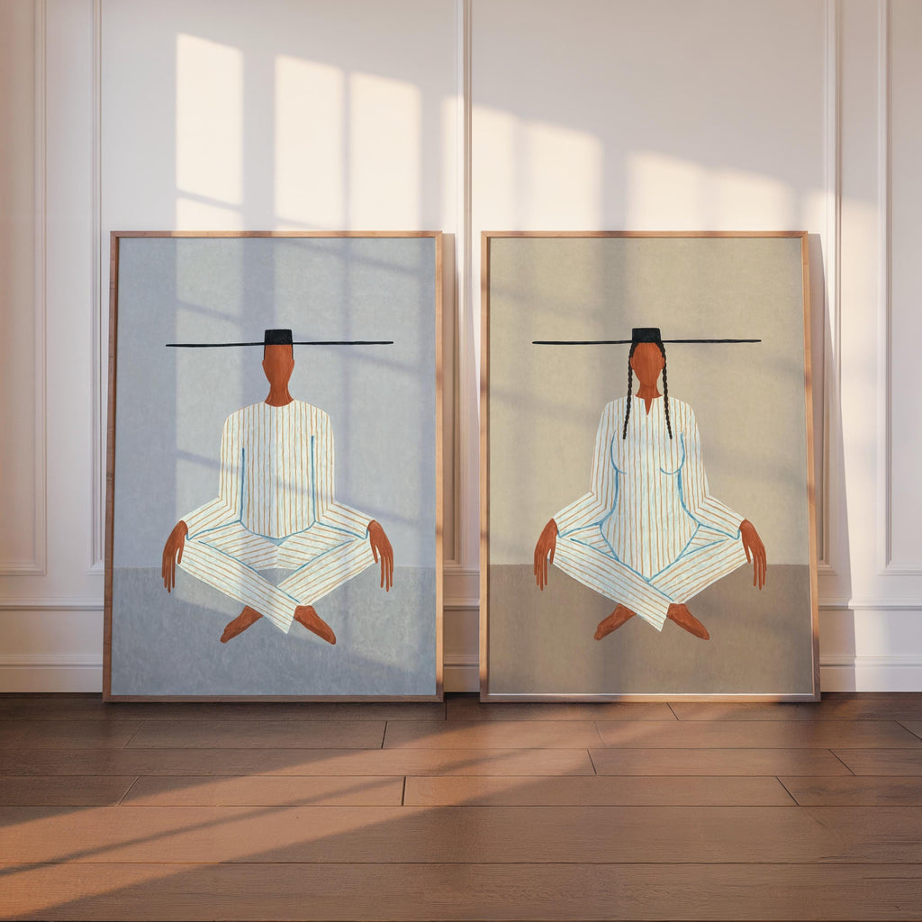 Sunlit pair of framed modern figurative art, white striped meditating figures, meditation wall art set