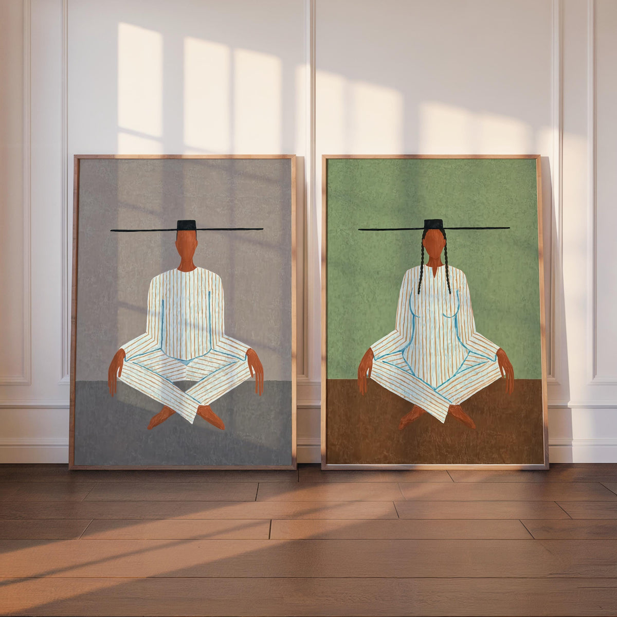 Paired prints with green and muted grey tones, balanced diptych styling, meditation wall art set for calm spaces