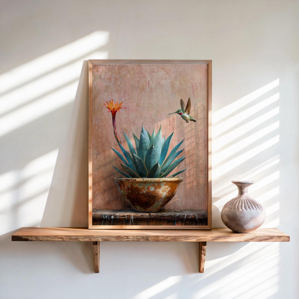 Agave Hummingbird Wall Art, Mexico Botanical Bird Print, Southwestern Desert Succulent Decor, Rustic Boho Nature Painting, Latina Folk Gift
