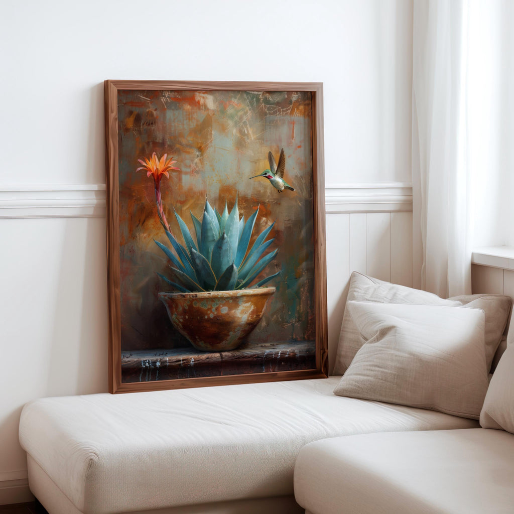 Agave Hummingbird Wall Art, Mexico Botanical Bird Print, Southwestern Desert Succulent Decor, Rustic Boho Nature Painting, Latina Folk Gift