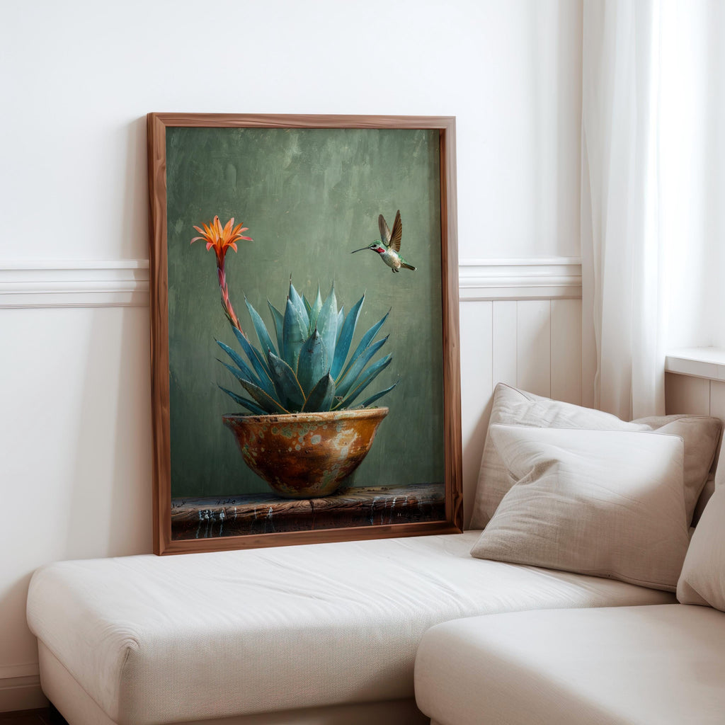 Agave Hummingbird Wall Art, Mexico Botanical Bird Print, Southwestern Desert Succulent Decor, Rustic Boho Nature Painting, Latina Folk Gift