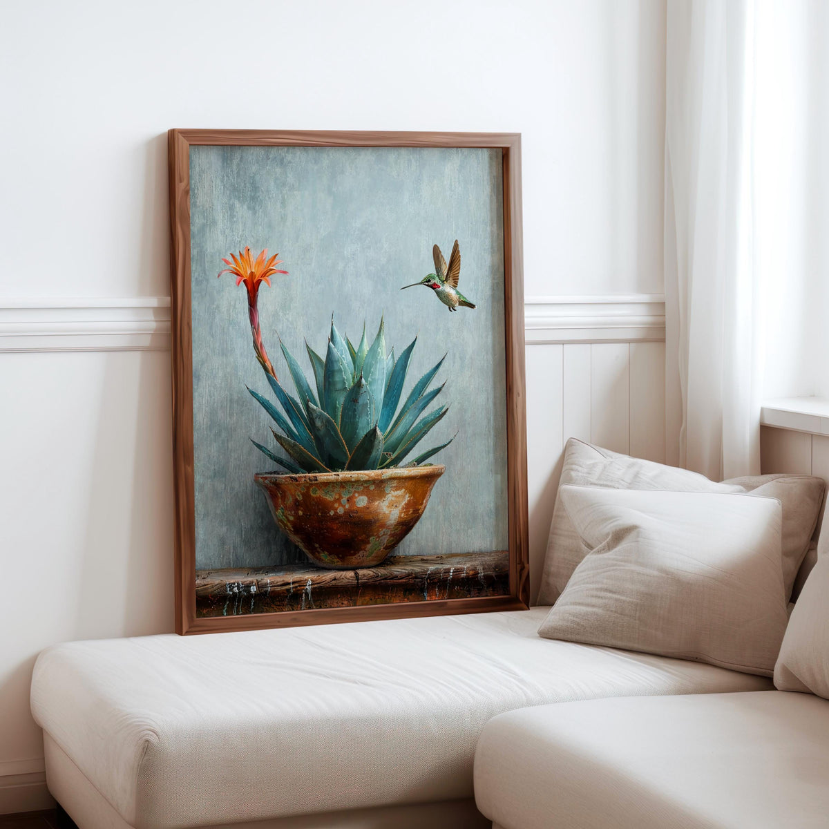 Agave Hummingbird Wall Art, Mexico Botanical Bird Print, Southwestern Desert Succulent Decor, Rustic Boho Nature Painting, Latina Folk Gift