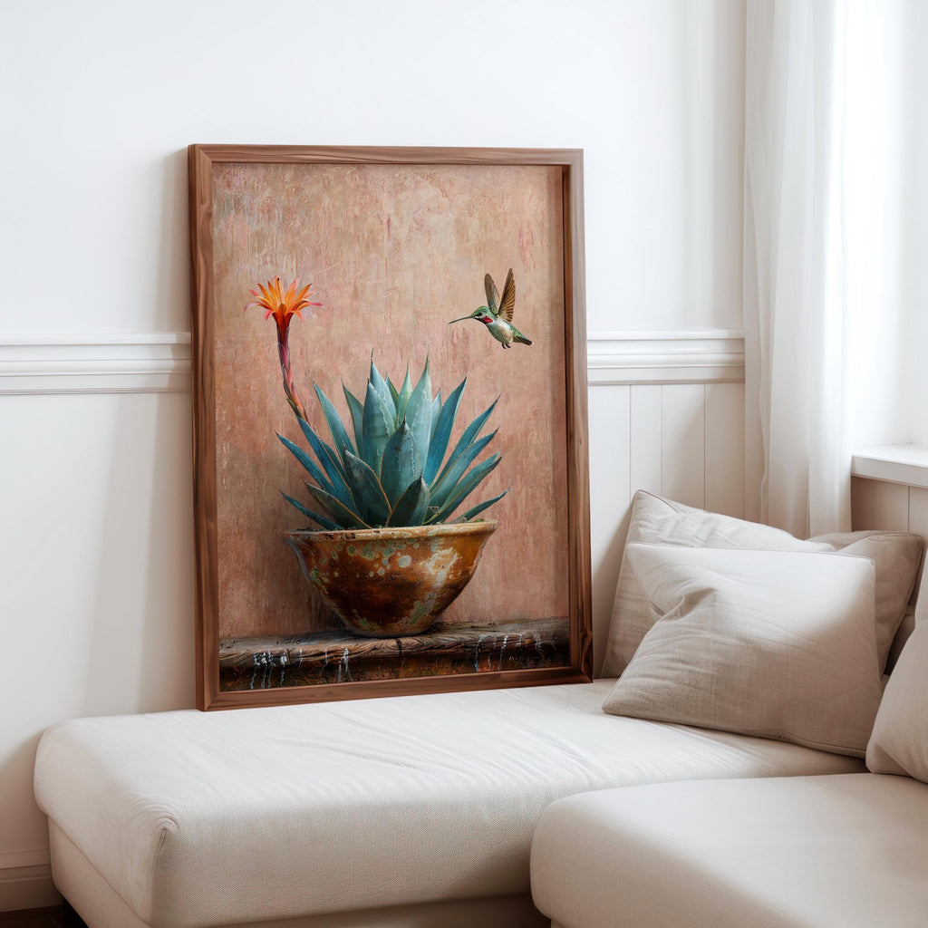 Agave Hummingbird Wall Art, Mexico Botanical Bird Print, Southwestern Desert Succulent Decor, Rustic Boho Nature Painting, Latina Folk Gift