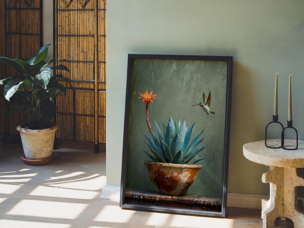Agave Hummingbird Wall Art, Mexico Botanical Bird Print, Southwestern Desert Succulent Decor, Rustic Boho Nature Painting, Latina Folk Gift