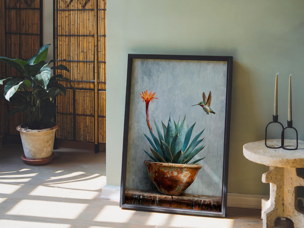 Agave Hummingbird Wall Art, Mexico Botanical Bird Print, Southwestern Desert Succulent Decor, Rustic Boho Nature Painting, Latina Folk Gift