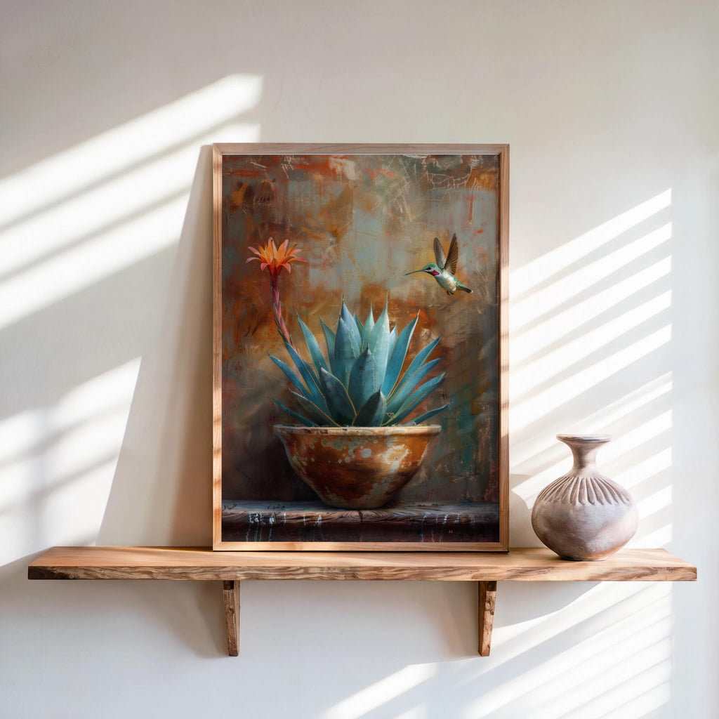 Agave Hummingbird Wall Art, Mexico Botanical Bird Print, Southwestern Desert Succulent Decor, Rustic Boho Nature Painting, Latina Folk Gift