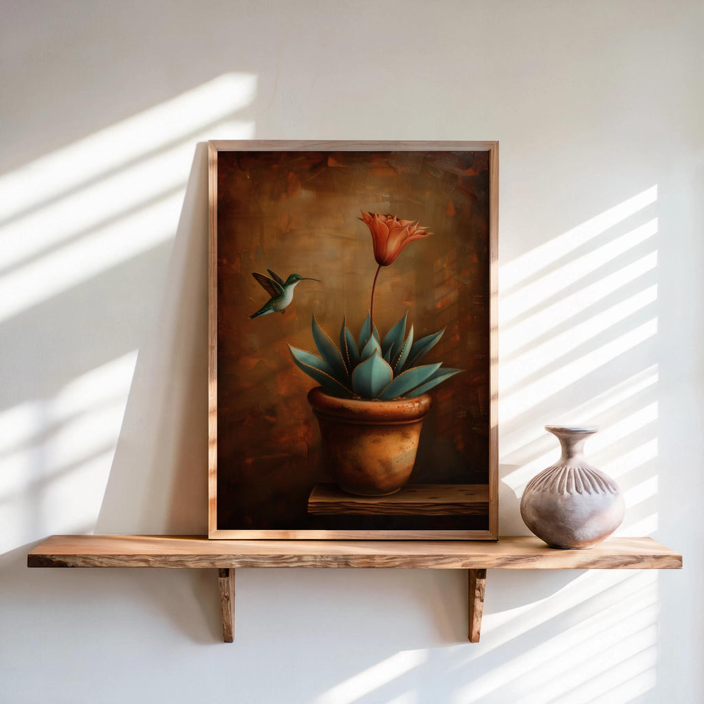 Hummingbird Mexican Wall Art, Vintage Agave Botanical Flower Print, Cottage Garden Poster, Plant Lover Kitchen Decor, Bird Lover Gift