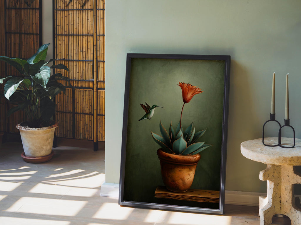 Hummingbird Mexican Wall Art, Vintage Agave Botanical Flower Print, Cottage Garden Poster, Plant Lover Kitchen Decor, Bird Lover Gift