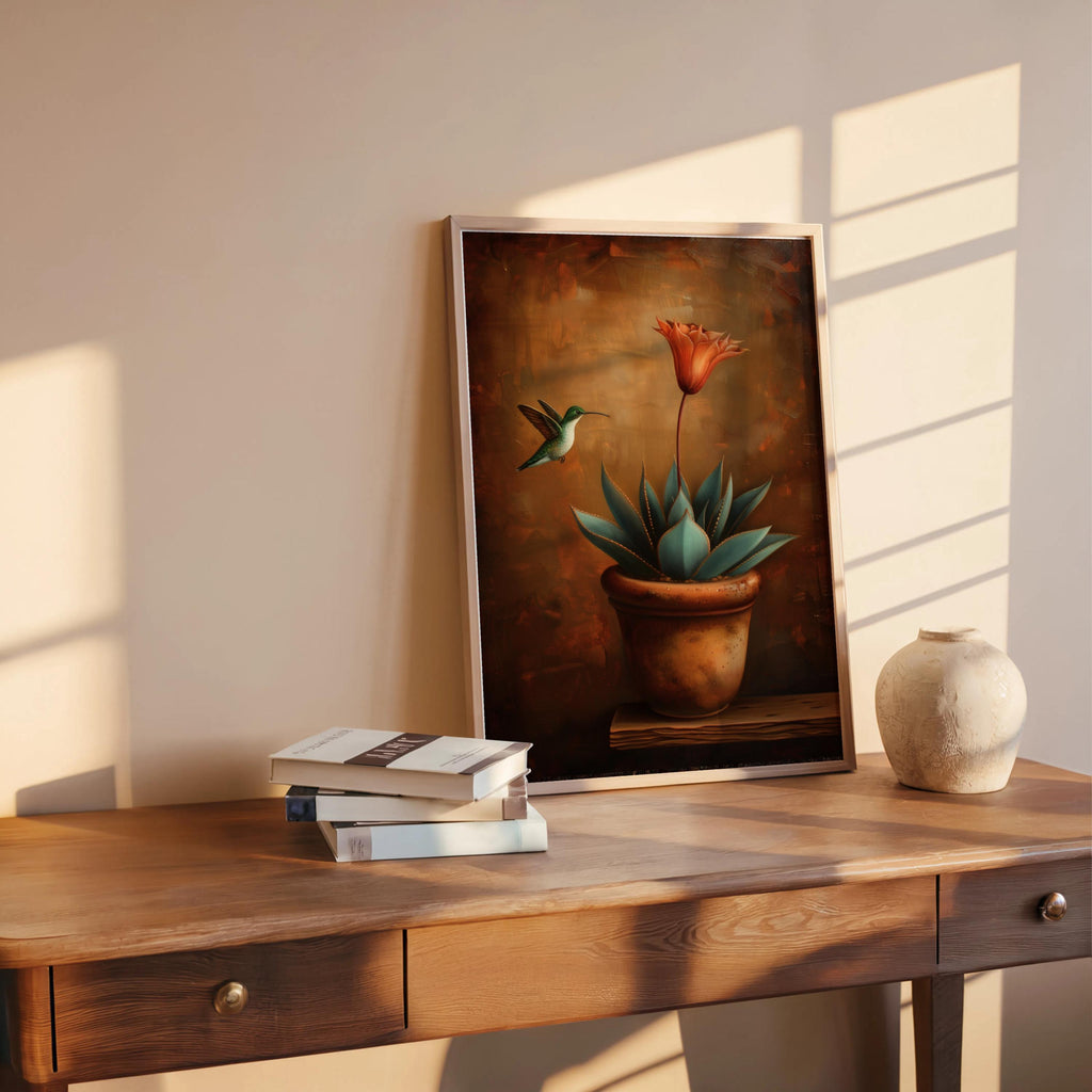 Hummingbird Mexican Wall Art, Vintage Agave Botanical Flower Print, Cottage Garden Poster, Plant Lover Kitchen Decor, Bird Lover Gift