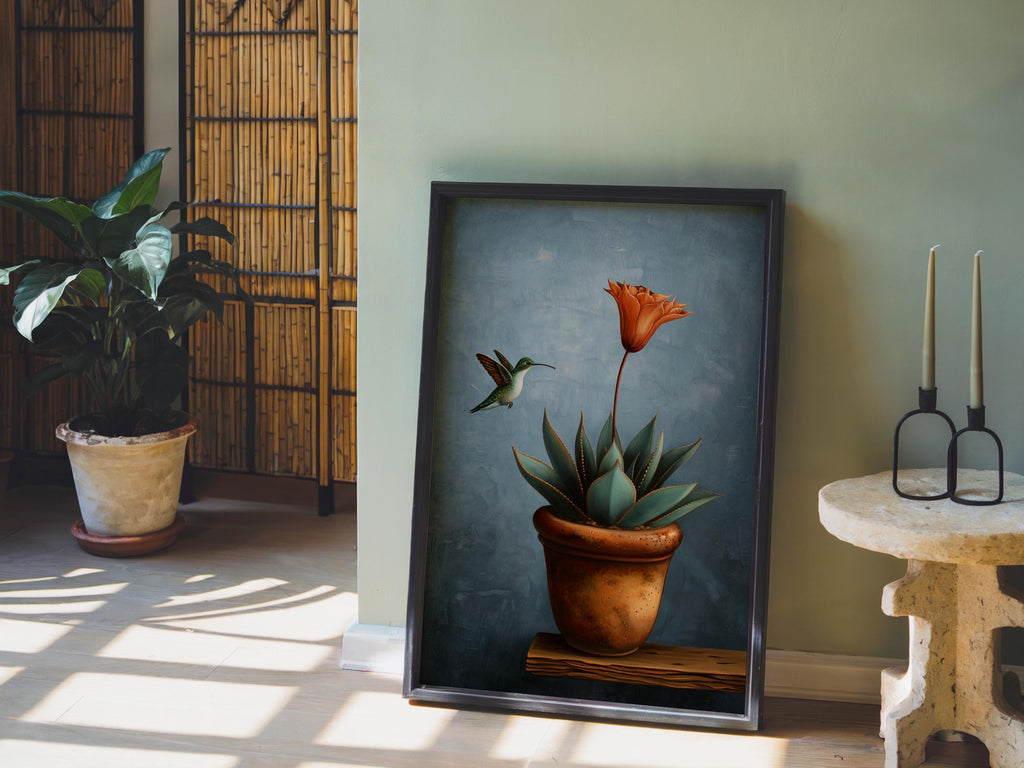 Hummingbird Mexican Wall Art, Vintage Agave Botanical Flower Print, Cottage Garden Poster, Plant Lover Kitchen Decor, Bird Lover Gift