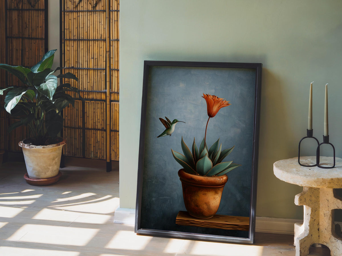 Hummingbird Mexican Wall Art, Vintage Agave Botanical Flower Print, Cottage Garden Poster, Plant Lover Kitchen Decor, Bird Lover Gift