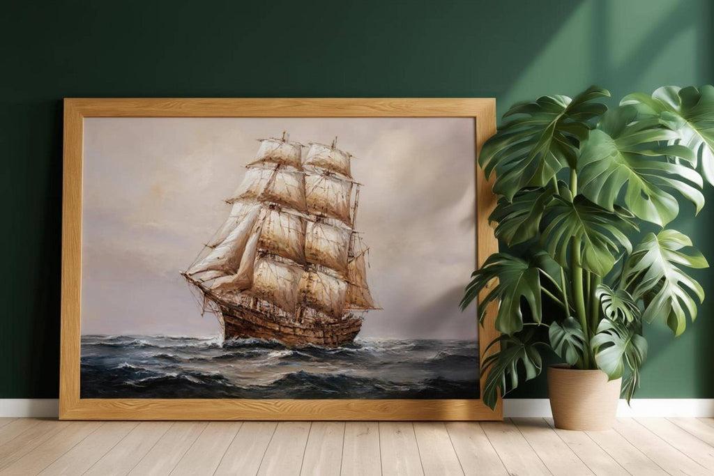 Antique tall ship canvas for nautical wall art; billowing sails on a moody navy blue seascape framed in ornate gold.