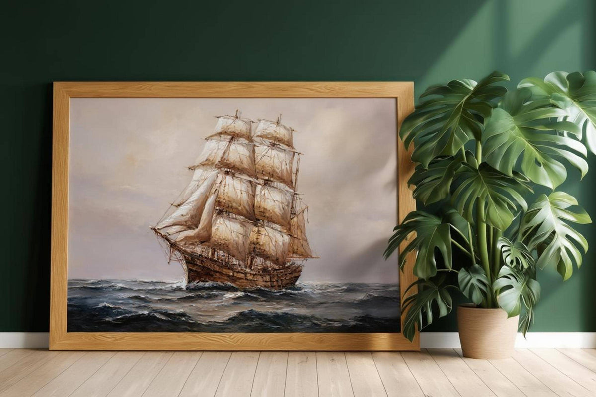Antique tall ship canvas for nautical wall art; billowing sails on a moody navy blue seascape framed in ornate gold.