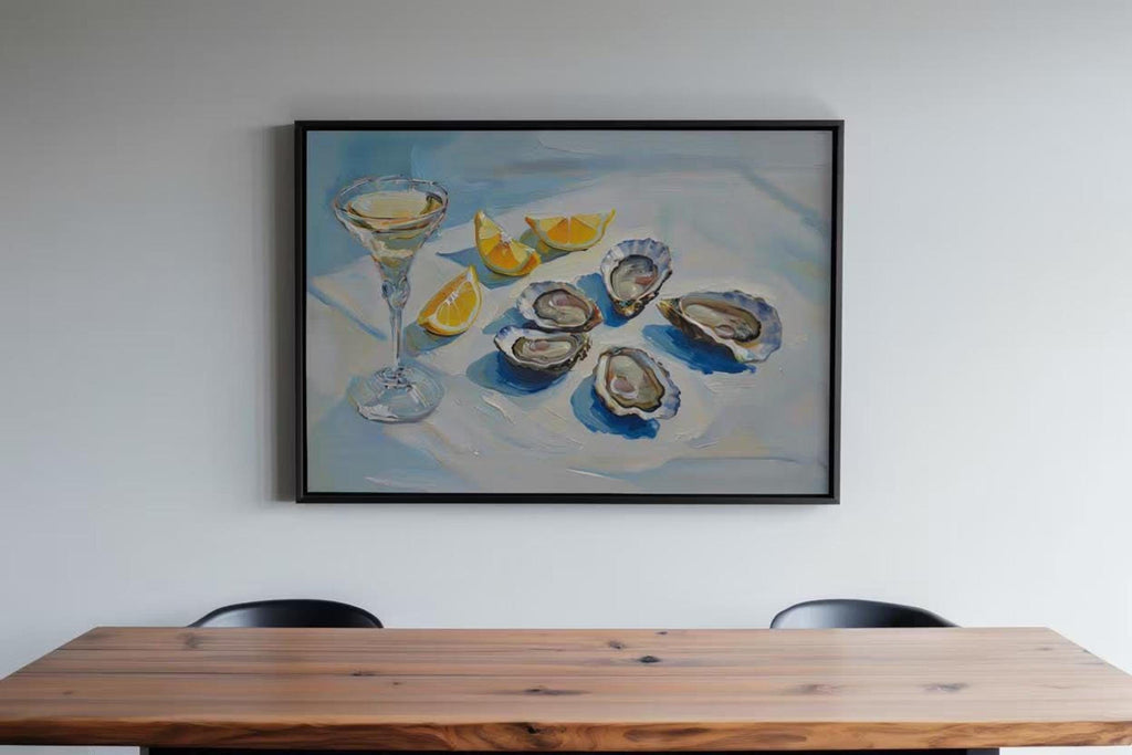 Oyster, lemons & martini glass still life on a blue table; Fauvism-style Mediterranean oil wall art.