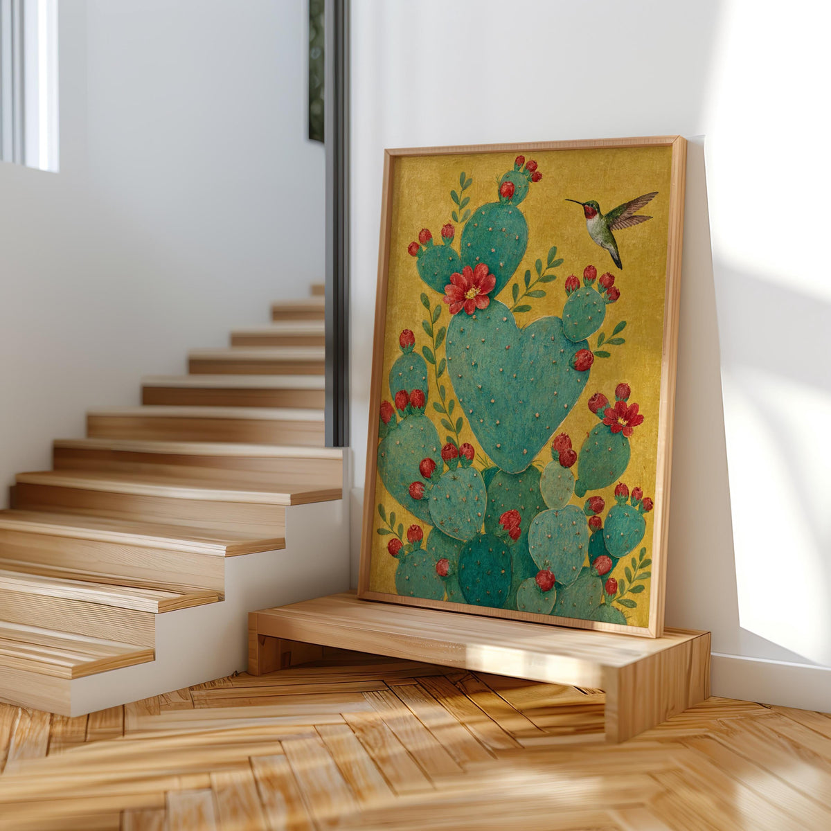 Vertical framed heart shaped cactus print at stair landing, mustard background tones, nopal cactus print feel
