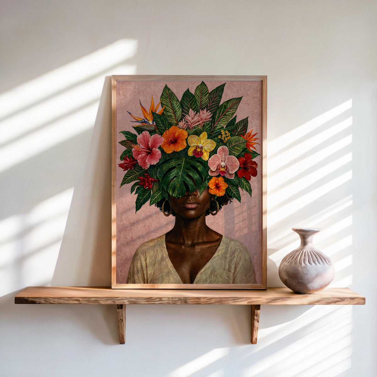 Black Woman Floral Wall Art Set, Tropical Flower Fashion Portrait, Botanical Black Girl Statement Print, African American Plant Lover Female