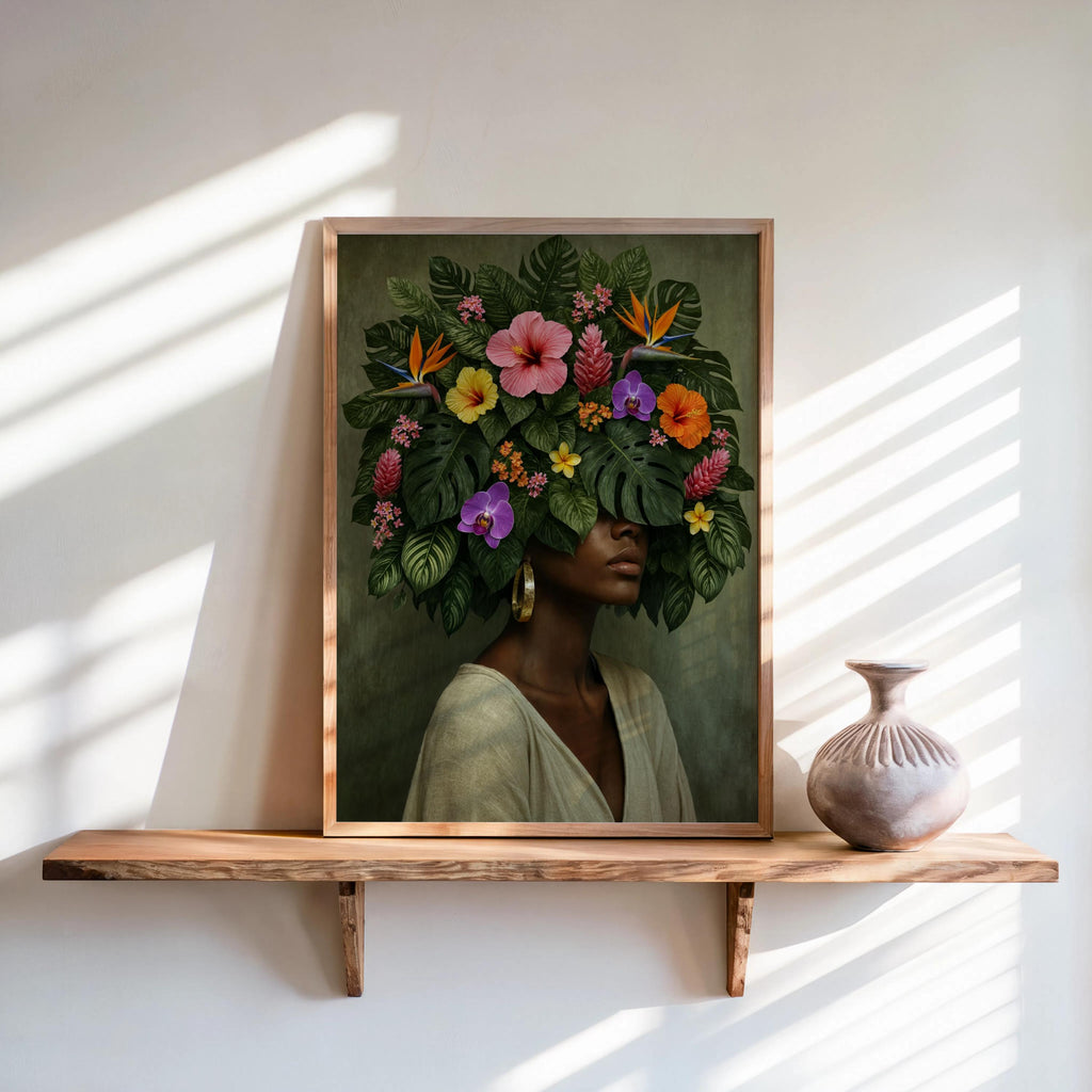 Black Girl Flower Afro Art Print Set, Floral Fashion Black Woman Decor, Botanical Afrocentric Feminist Poster, Tropical African Plant Lover
